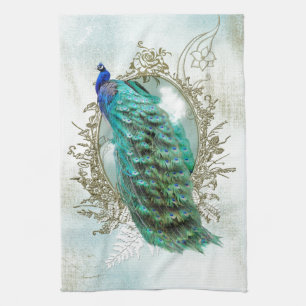 peacock beautiful turquoise vintage shabby bird tea towel