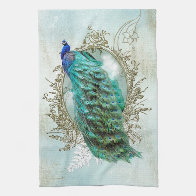 peacock beautiful turquoise vintage shabby bird tea towel (Vertical)