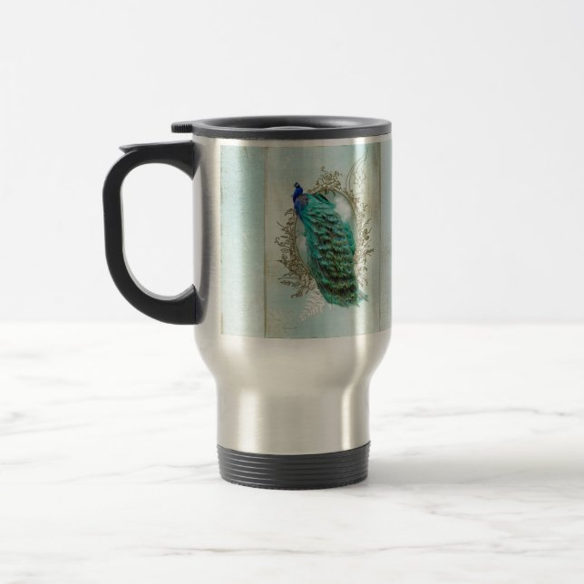 peacock beautiful turquoise vintage shabby bird travel mug (Left)