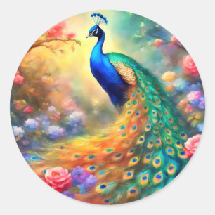 Peacock Bird 100 with flowers Classic Round Sticker