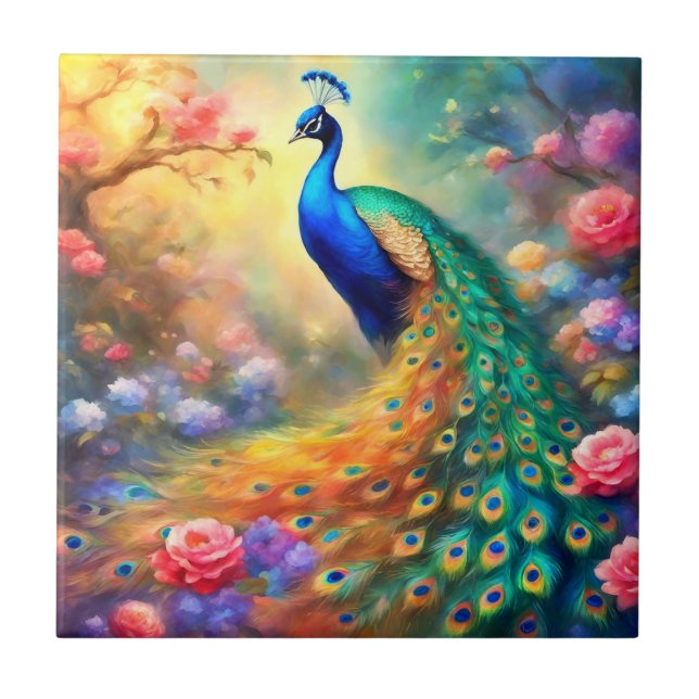 Peacock Bird 100 with flowers Tile (Front)