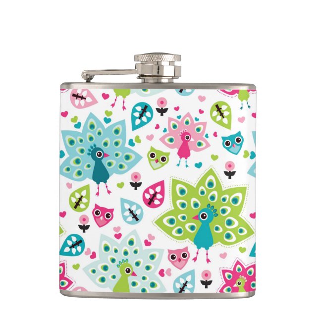 peacock bird and owl hip flask (Front)