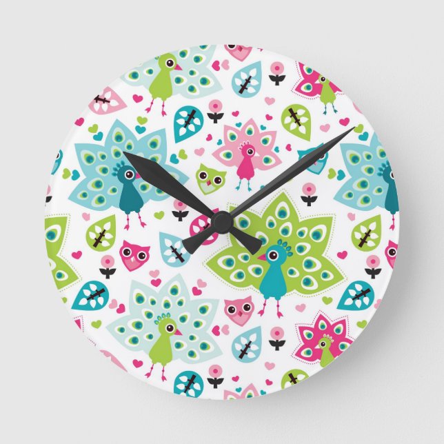 peacock bird and owl round clock (Front)