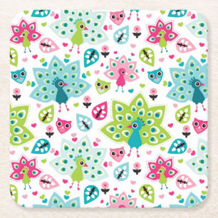 peacock bird and owl square paper coaster
