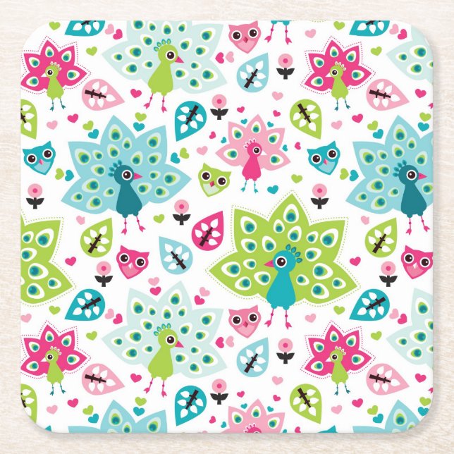 peacock bird and owl square paper coaster (Front)
