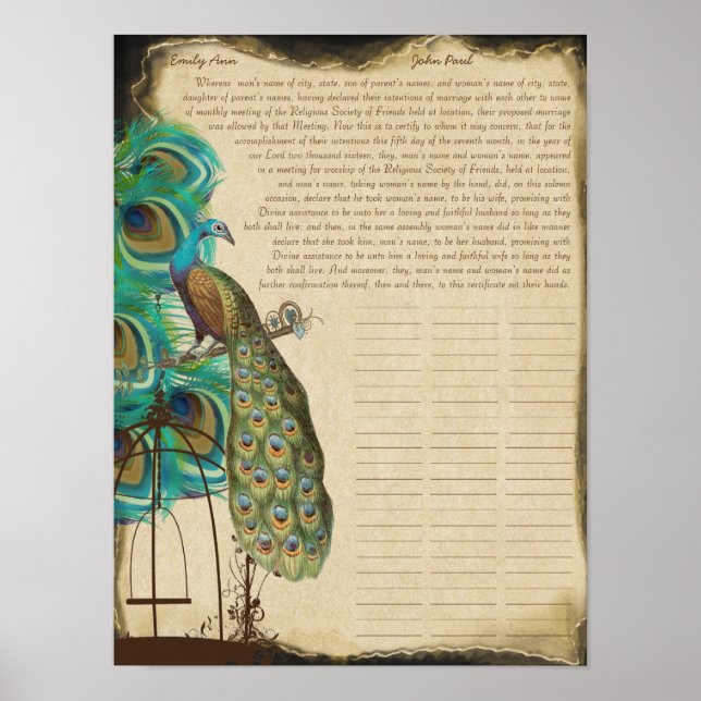 Peacock Bird Cage Print Quaker Wedding Certificate (Front)