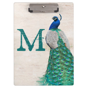 Peacock Bird Feather Monogram Initial Clip Board