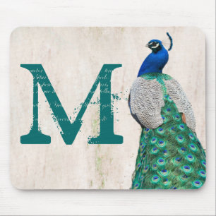 Peacock Bird Feather Monogram Initial Mouse Pad