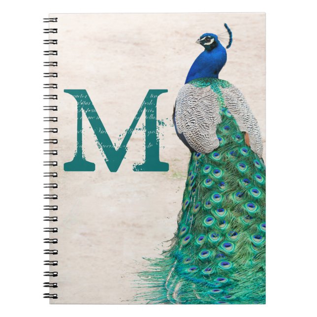Peacock Bird Feather Monogram Initial Note Book (Front)