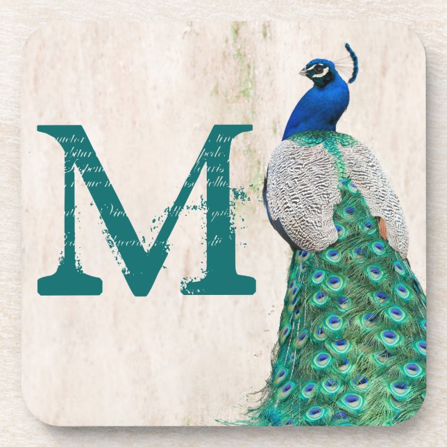 Peacock Bird Feather Teal Monogram Drink Coaster (Front)