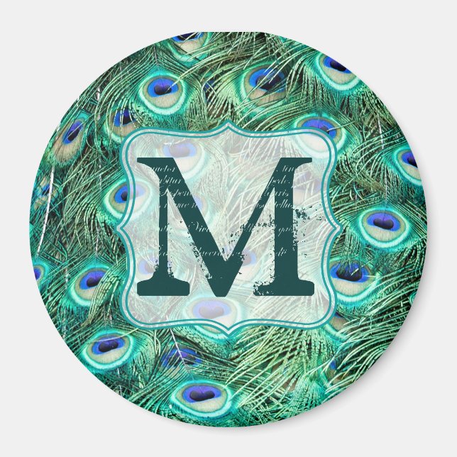 Peacock Bird Feather Teal Monogram Initial Magnet (Front)