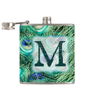 Peacock Bird Feather Teal Monogram Whiskey Flask
