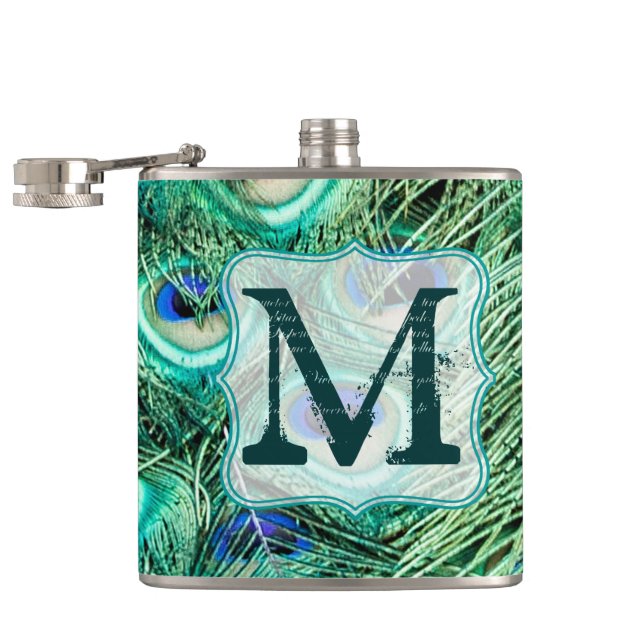 Peacock Bird Feather Teal Monogram Whiskey Flask (Opened)