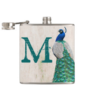 Peacock Bird Feather Teal Monogram Whiskey Flask