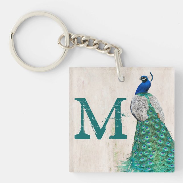 Peacock Bird Feather Teal Turquoise Vint Key Chain (Front)