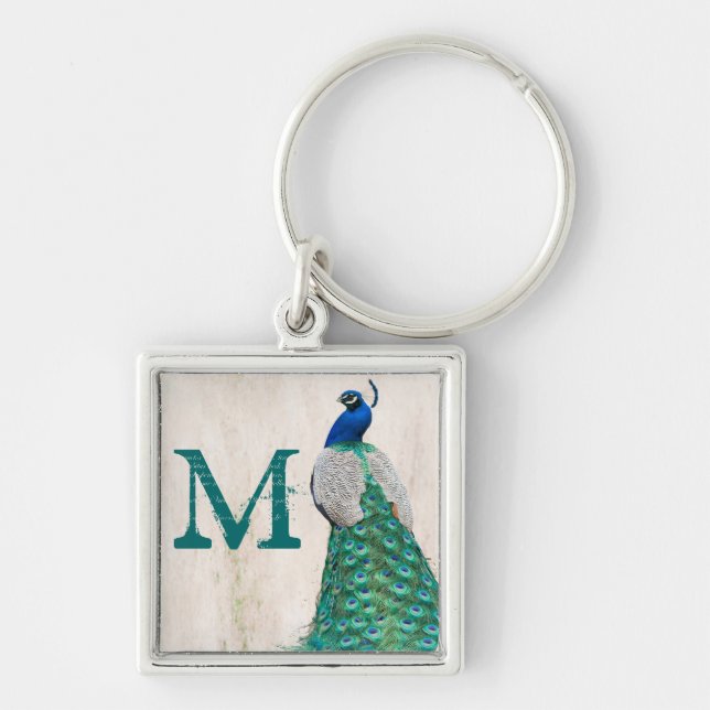Peacock Bird Feather Teal Turquoise Vint Key Chain (Front)