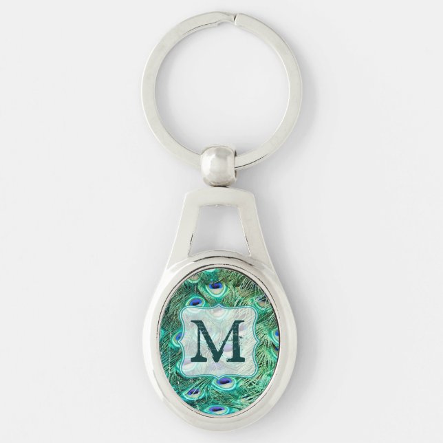 Peacock Bird Feather Teal Turquoise Vint Key Chain (Front)