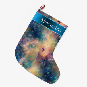 Peacock Bird Feathers Blue Gold Christmas Name Large Christmas Stocking