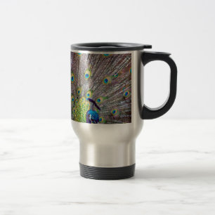 Peacock bird feathers travel mug
