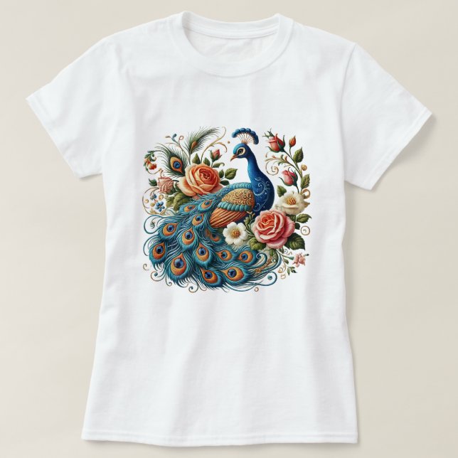 Peacock Bird Floral Art T-Shirt (Design Front)