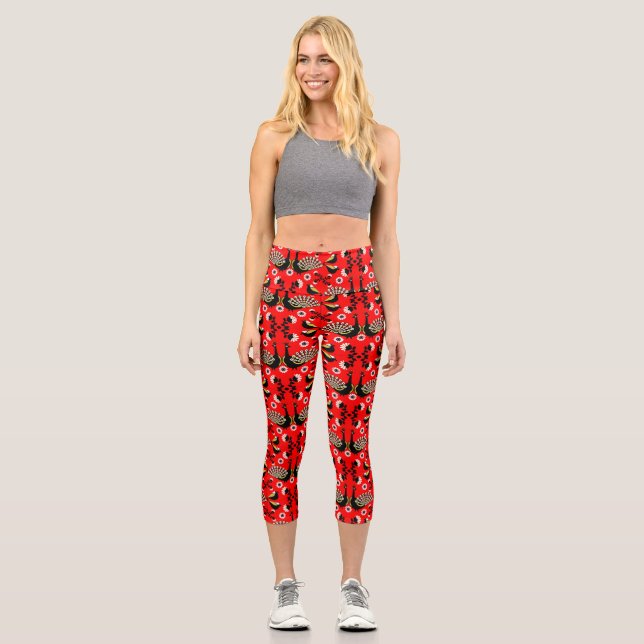 Peacock Bird Folk Art.  Capri Leggings (Front)