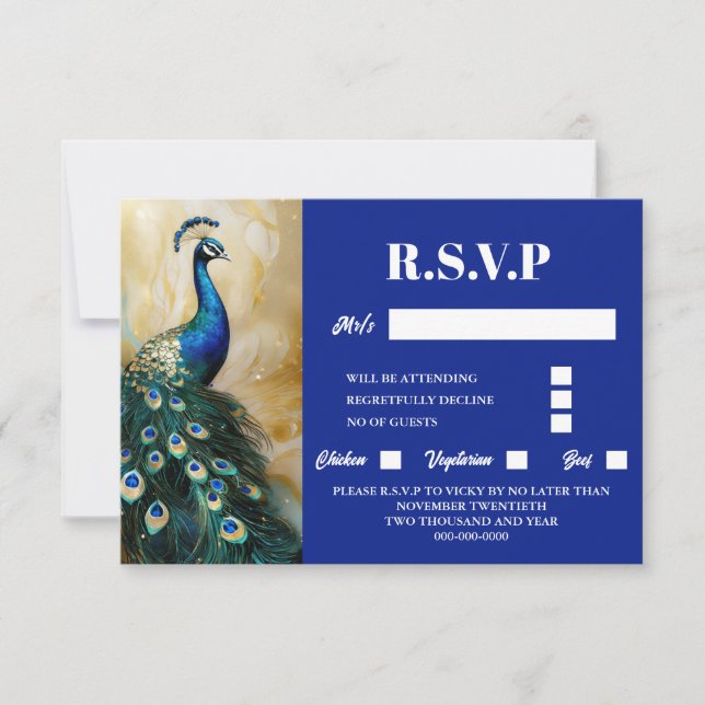 Peacock bird luxury 3D blue emerald green rsvp Card (Front)