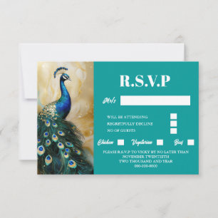 Peacock bird luxury 3D emerald green teal rsvp Card