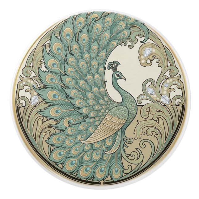 Peacock Bird Sage Green & Gold Art Deco Nouveau Ceramic Knob (Front)