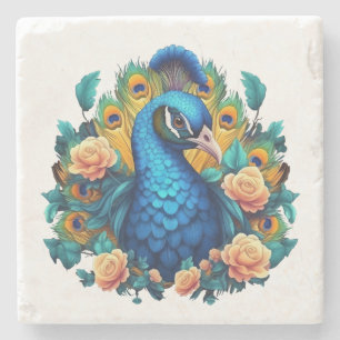 Peacock Bird With Peach Roses Marble Stone Coaster