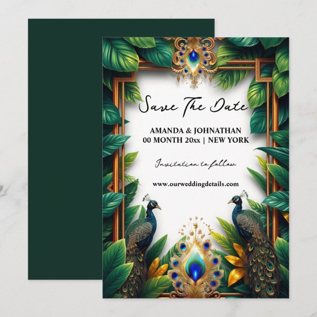 Peacock birds luxury feathers tropical outdoor save the date (Front/Back)