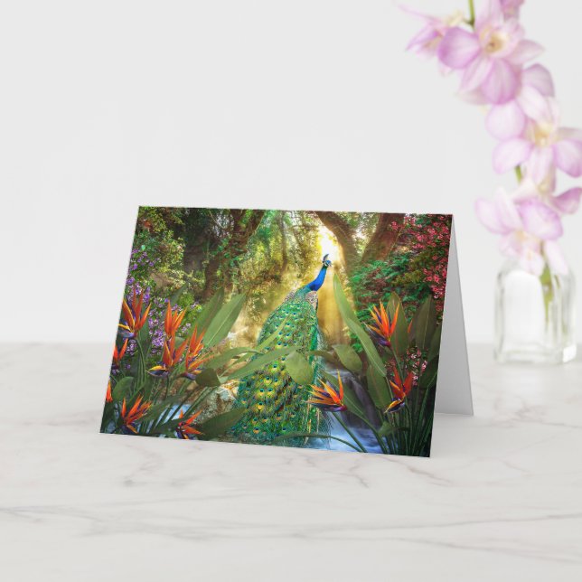 Peacock Birds of Paradise Landscape Painting Card (Orchid)