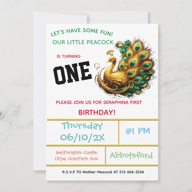 Peacock Birthday Celebration - 1 Year! Invitation (Front)