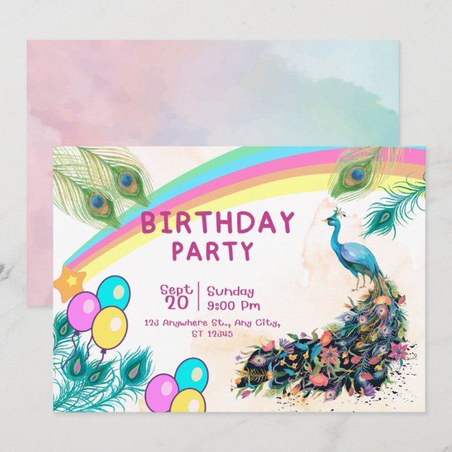  Peacock birthday party  Invitation    (Front/Back)