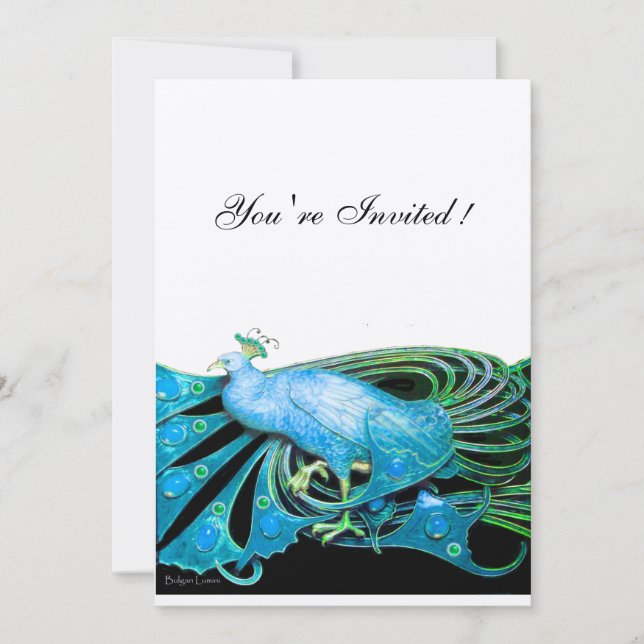 PEACOCK  black ,blue champagne metallic paper Invitation (Front)