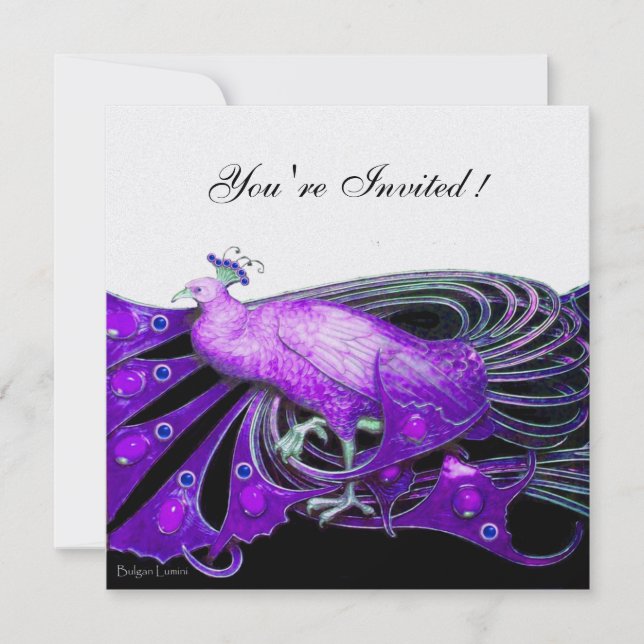 PEACOCK  black ,purple ,ice metallic paper Invitation (Front)