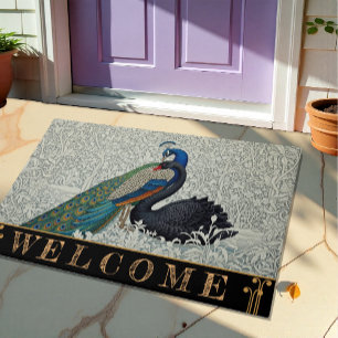 Peacock & Black Swan Art Nuovo Floral Winter /Gold Doormat