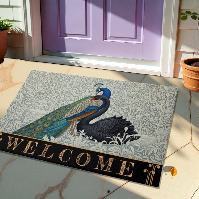 Peacock & Black Swan Art Nuovo Floral Winter /Gold Doormat (Creator Uploaded)