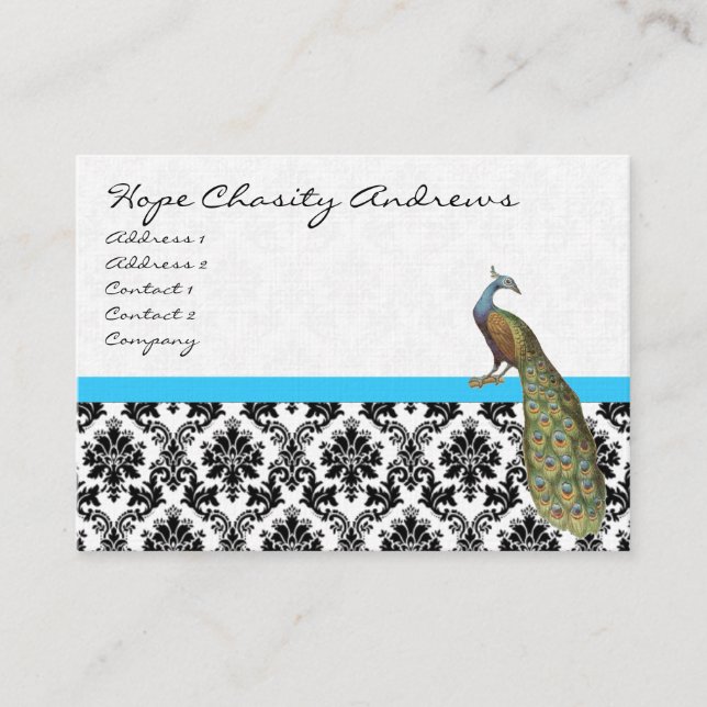 Peacock Black White Damask Bright Aqua Trim Business Card (Front)