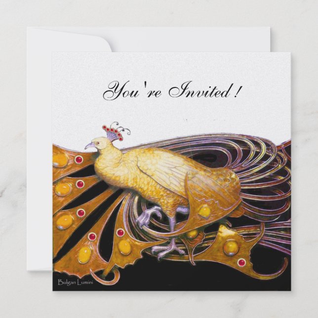 PEACOCK  black ,yellow white ice metallic paper Invitation (Front)