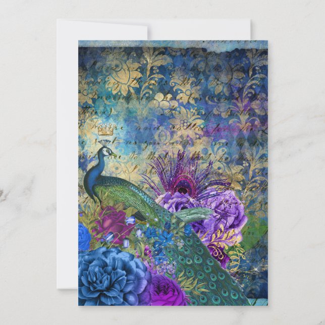 Peacock Blue Abstract Gold Wedding  Invitation (Back)