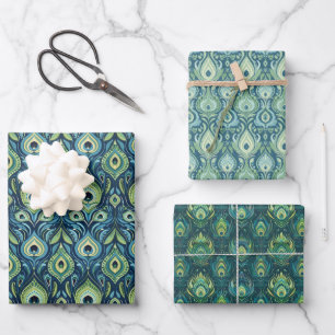 Peacock Blue and Green Feather Pattern Wrapping Paper Sheet