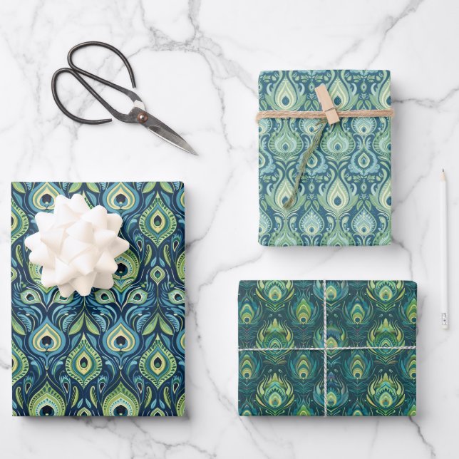 Peacock Blue and Green Feather Pattern Wrapping Paper Sheet (Front)