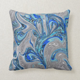 Peacock Blue and Silver Marbled Abstract Cushion