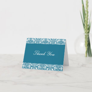 Peacock Blue and White Damask Thank You Note Card
