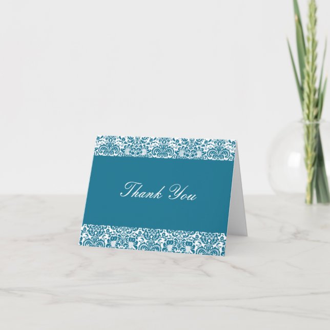 Peacock Blue and White Damask Thank You Note Card (Front)