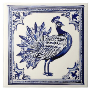 Peacock Blue and White Folk Animal Art Tile