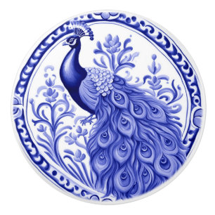 Peacock Blue and White Portuguese European Ceramic Knob