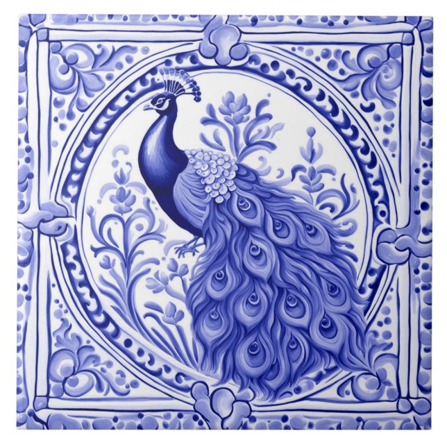 Peacock Blue and White Portuguese European Tile (Front)