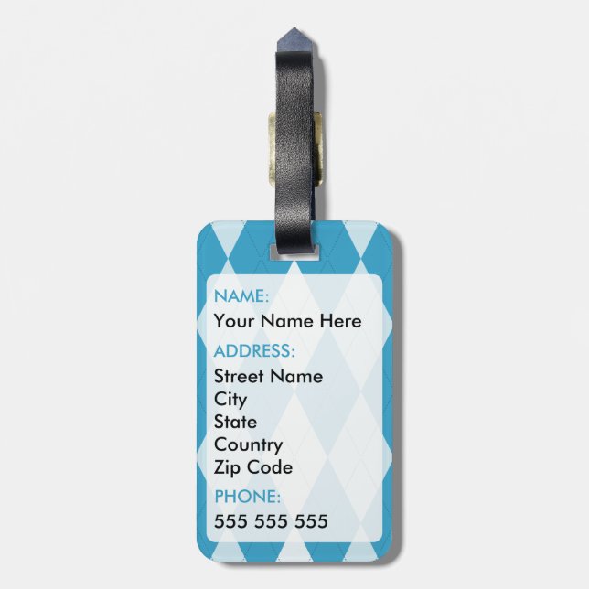 Peacock Blue Argyle Small Diamond Shape Luggage Tag (Back Vertical)