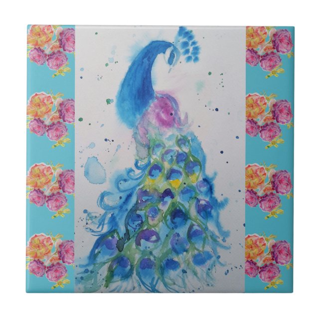 Peacock Blue Bird Watercolor Aqua Ceramic Tile (Front)